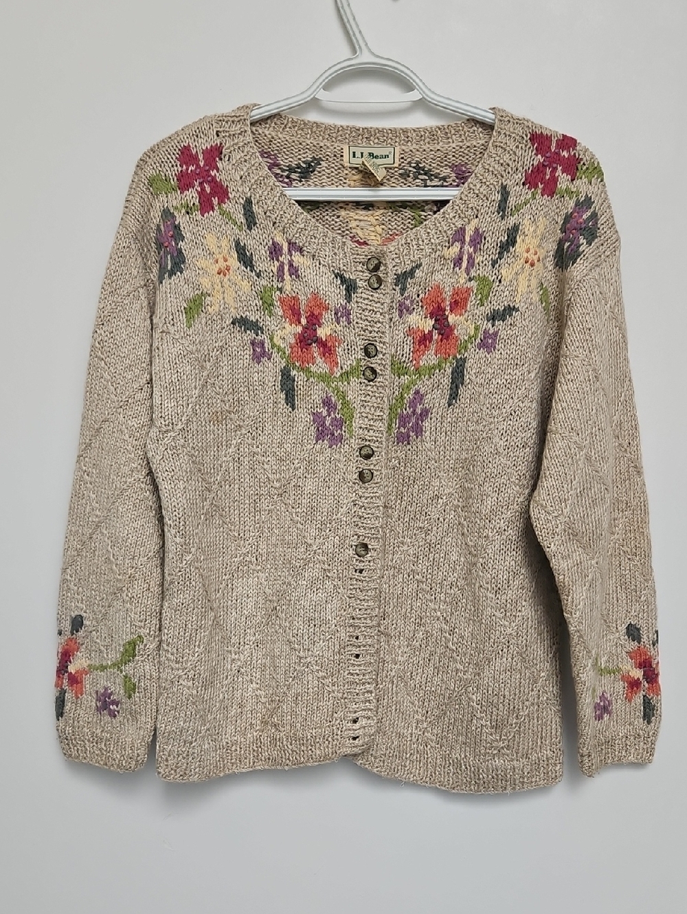 L.L. Bean Beige Floral Knit Button-Up Sweater